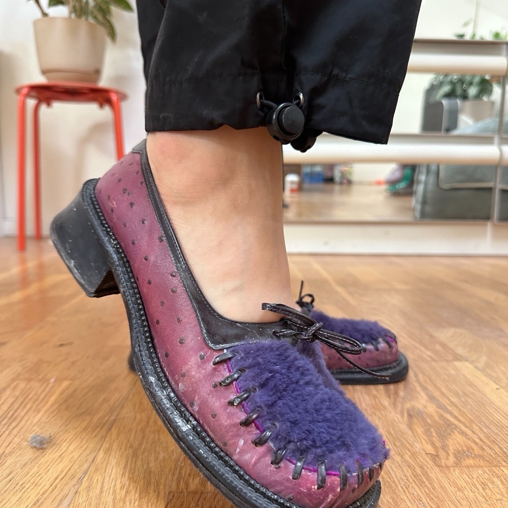 Purple Ostrich leather and Fur loafers
